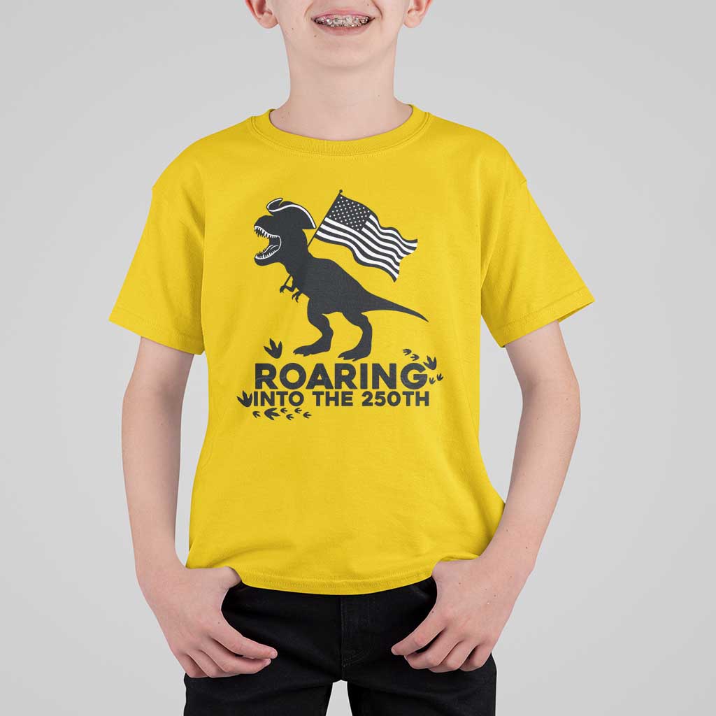 Funny Patriotic Dinosaur T Shirt For Kid Roaring Into The 250th Anniversary