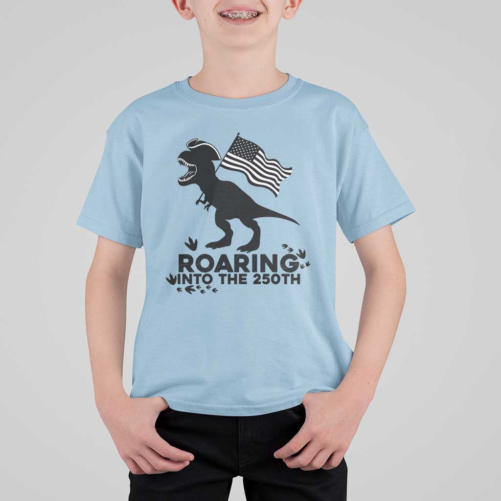 Funny Patriotic Dinosaur T Shirt For Kid Roaring Into The 250th Anniversary