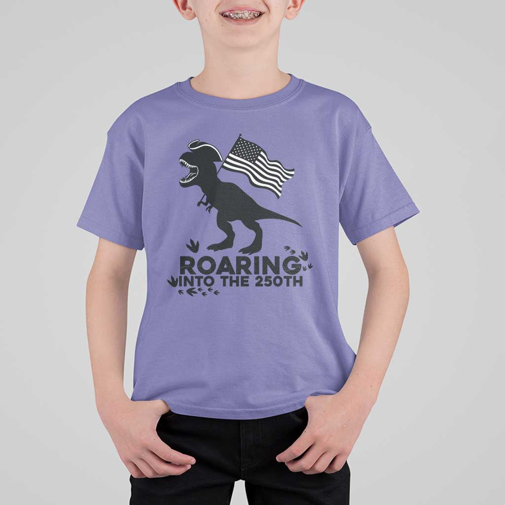 Funny Patriotic Dinosaur T Shirt For Kid Roaring Into The 250th Anniversary