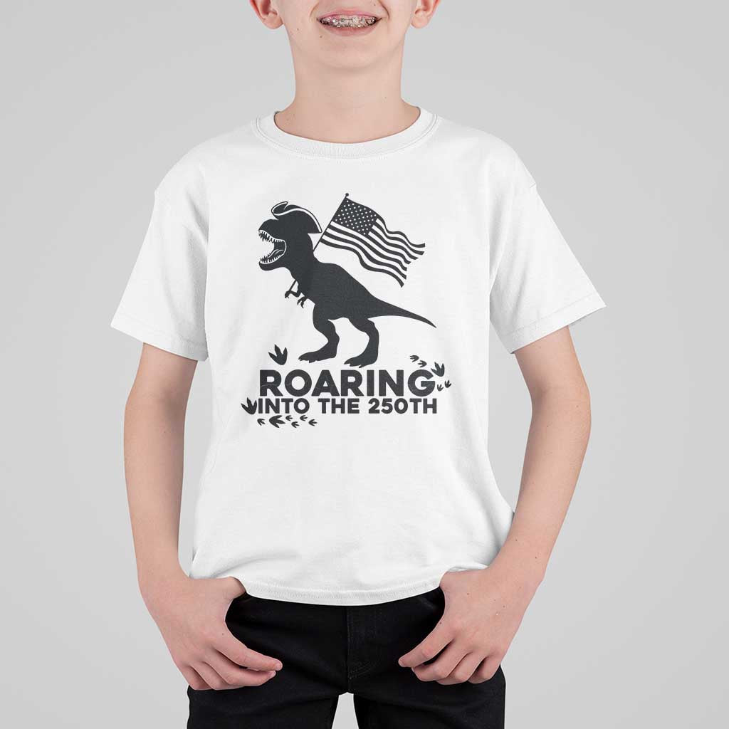 Funny Patriotic Dinosaur T Shirt For Kid Roaring Into The 250th Anniversary