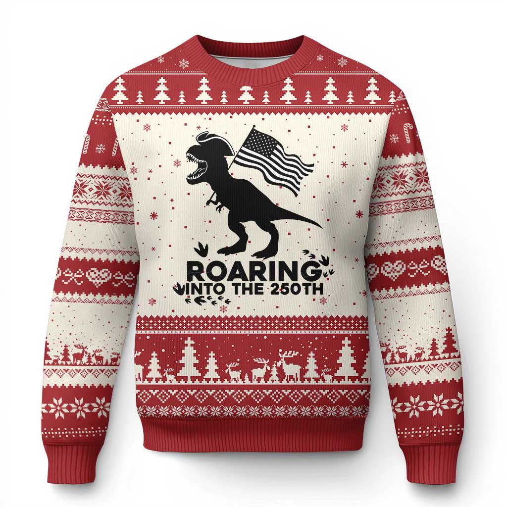 Funny Patriotic Dinosaur Ugly Christmas Sweater Roaring Into The 250th Anniversary