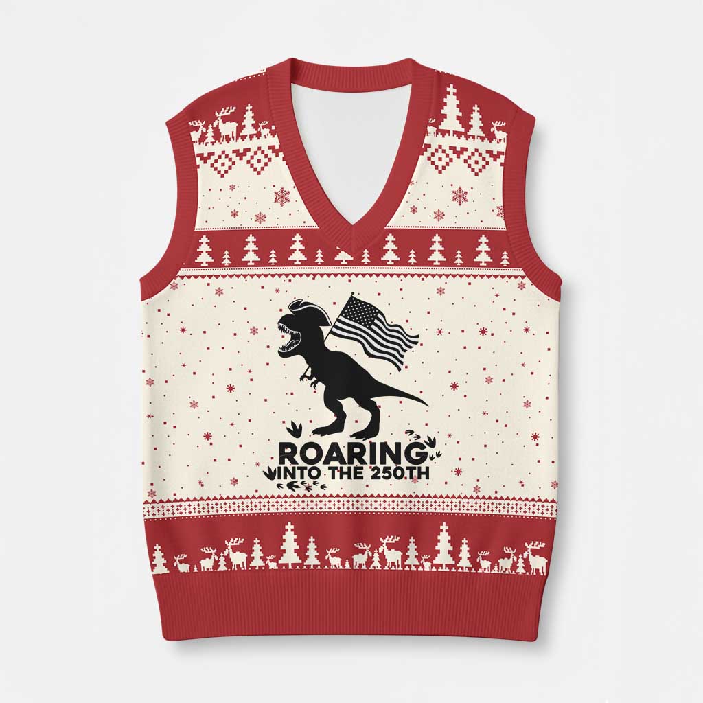 Funny Patriotic Dinosaur V-Neck Knit Sweater Vest Roaring Into The 250th Anniversary