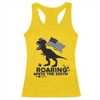 Funny Patriotic Dinosaur Racerback Tank Top Roaring Into The 250th Anniversary