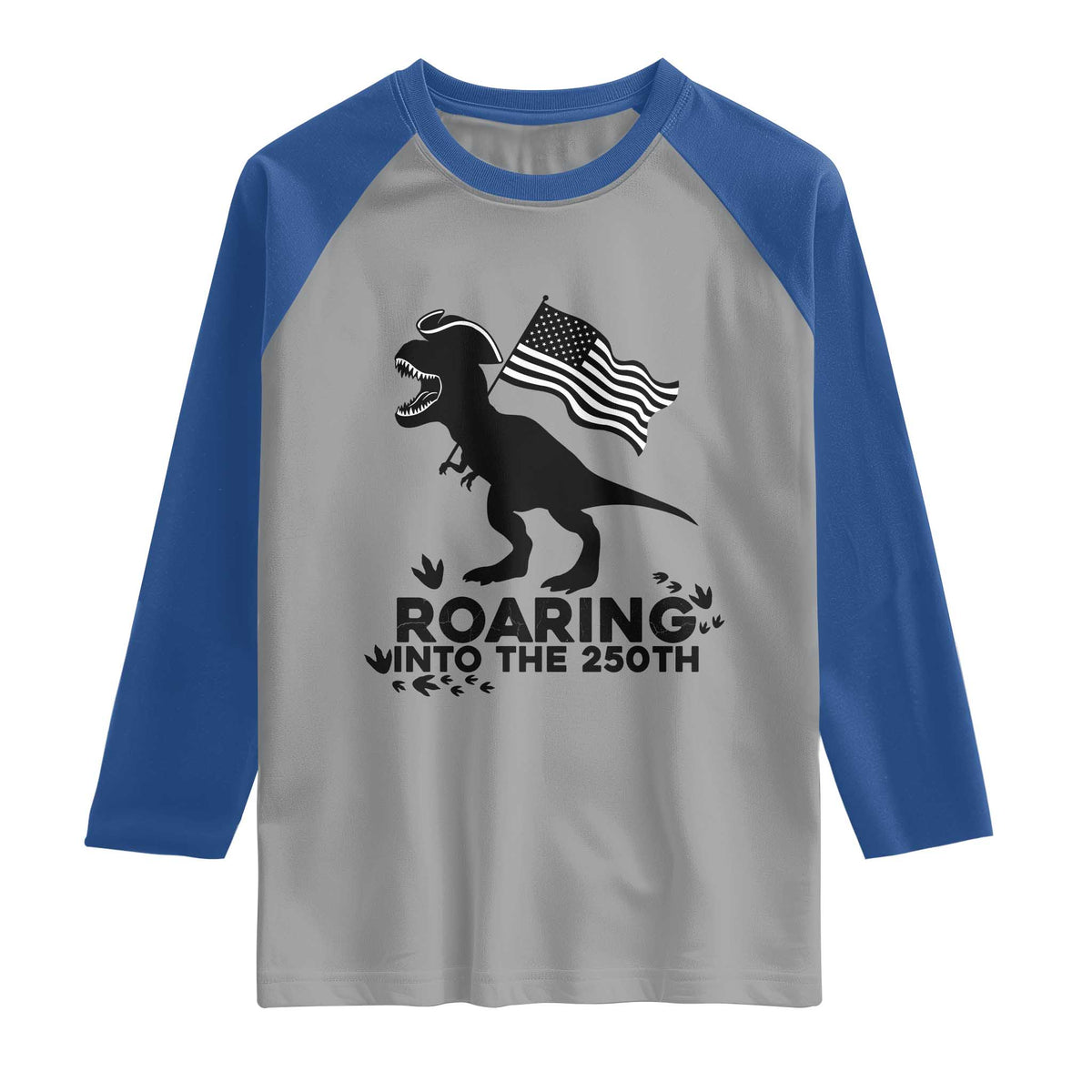 Funny Patriotic Dinosaur Raglan Shirt Roaring Into The 250th Anniversary