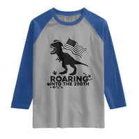 Funny Patriotic Dinosaur Raglan Shirt Roaring Into The 250th Anniversary