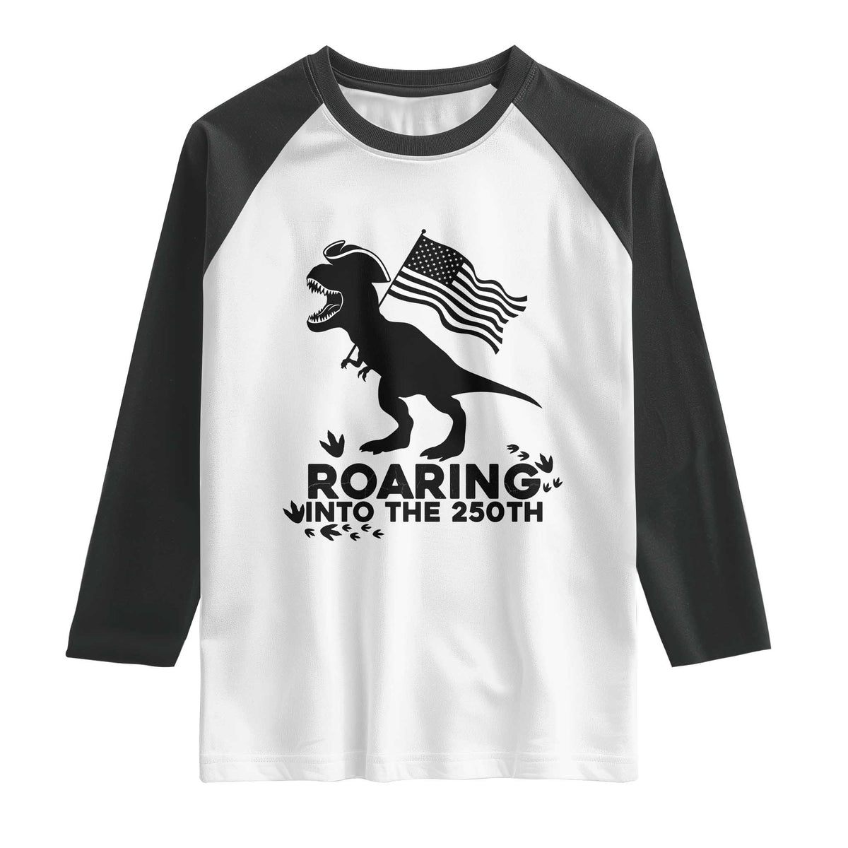 Funny Patriotic Dinosaur Raglan Shirt Roaring Into The 250th Anniversary