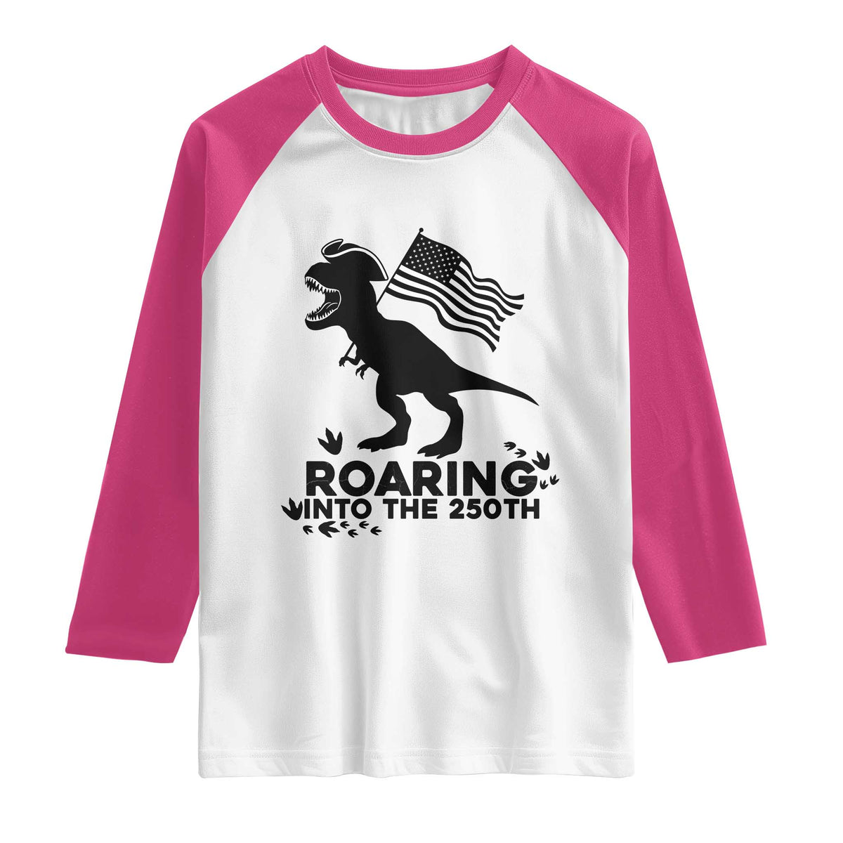 Funny Patriotic Dinosaur Raglan Shirt Roaring Into The 250th Anniversary