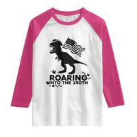 Funny Patriotic Dinosaur Raglan Shirt Roaring Into The 250th Anniversary