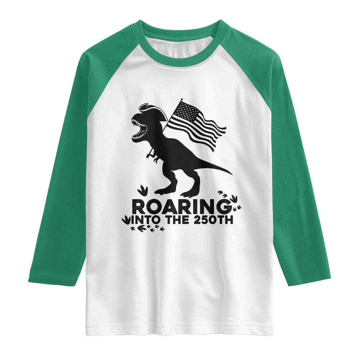 Funny Patriotic Dinosaur Raglan Shirt Roaring Into The 250th Anniversary