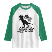 Funny Patriotic Dinosaur Raglan Shirt Roaring Into The 250th Anniversary