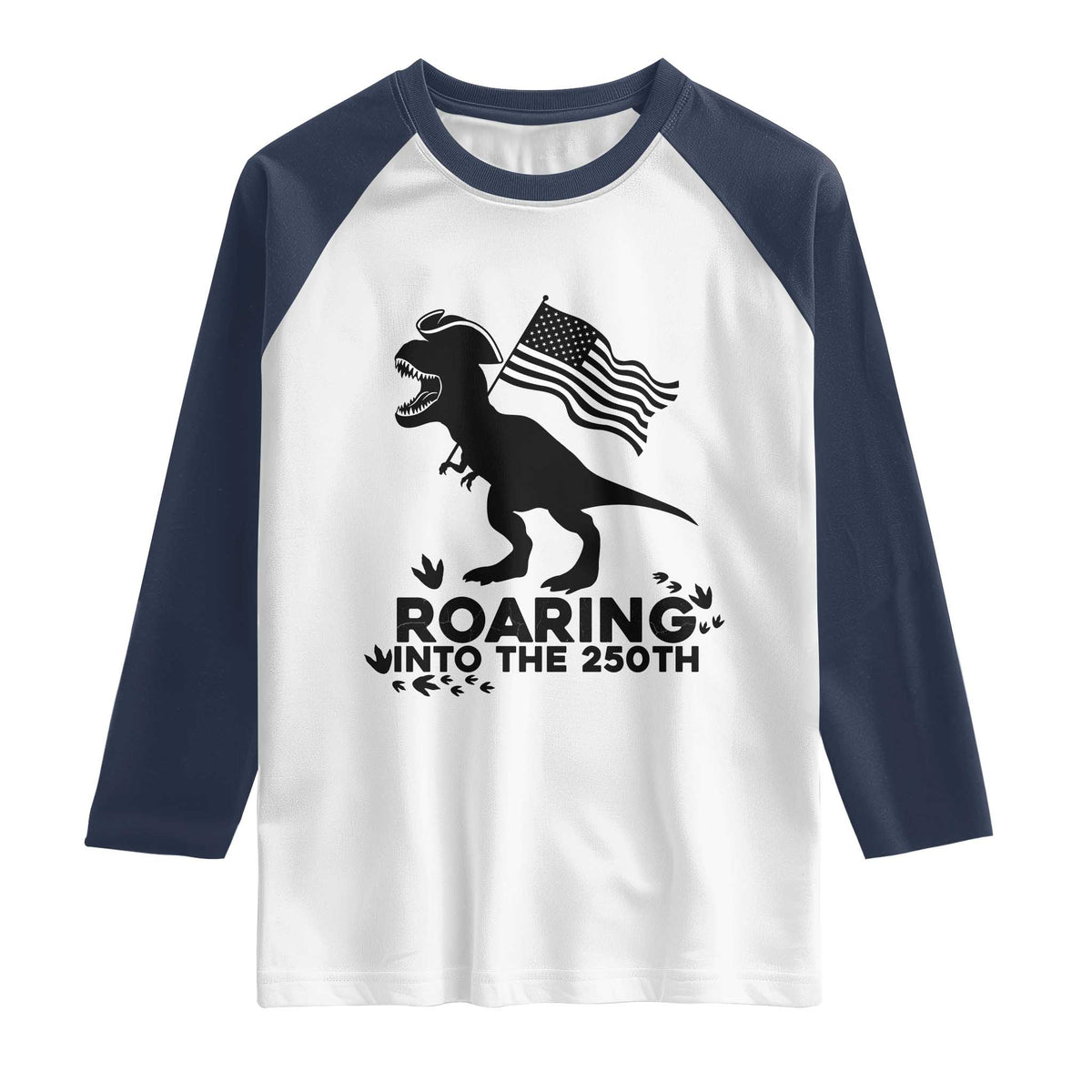 Funny Patriotic Dinosaur Raglan Shirt Roaring Into The 250th Anniversary