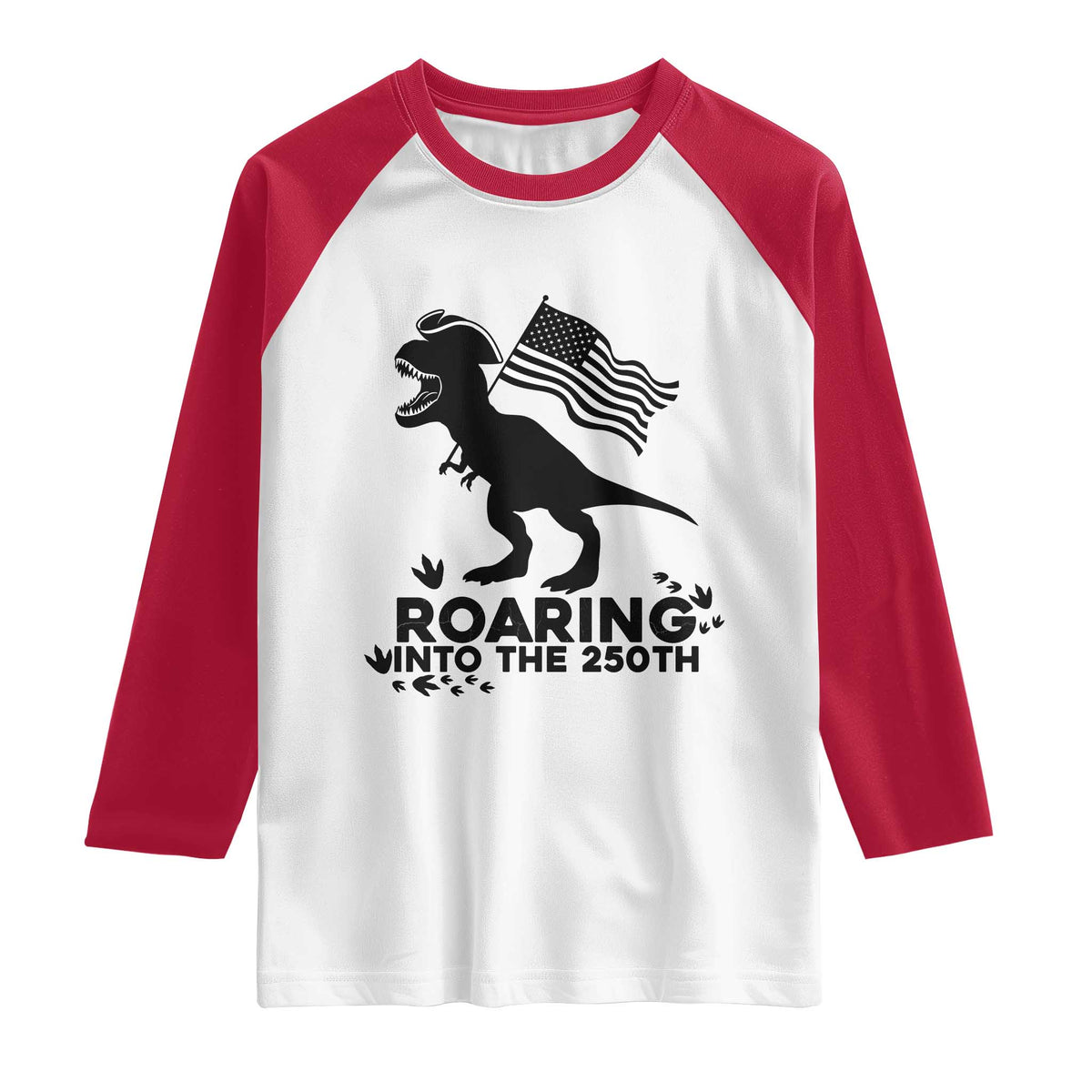 Funny Patriotic Dinosaur Raglan Shirt Roaring Into The 250th Anniversary