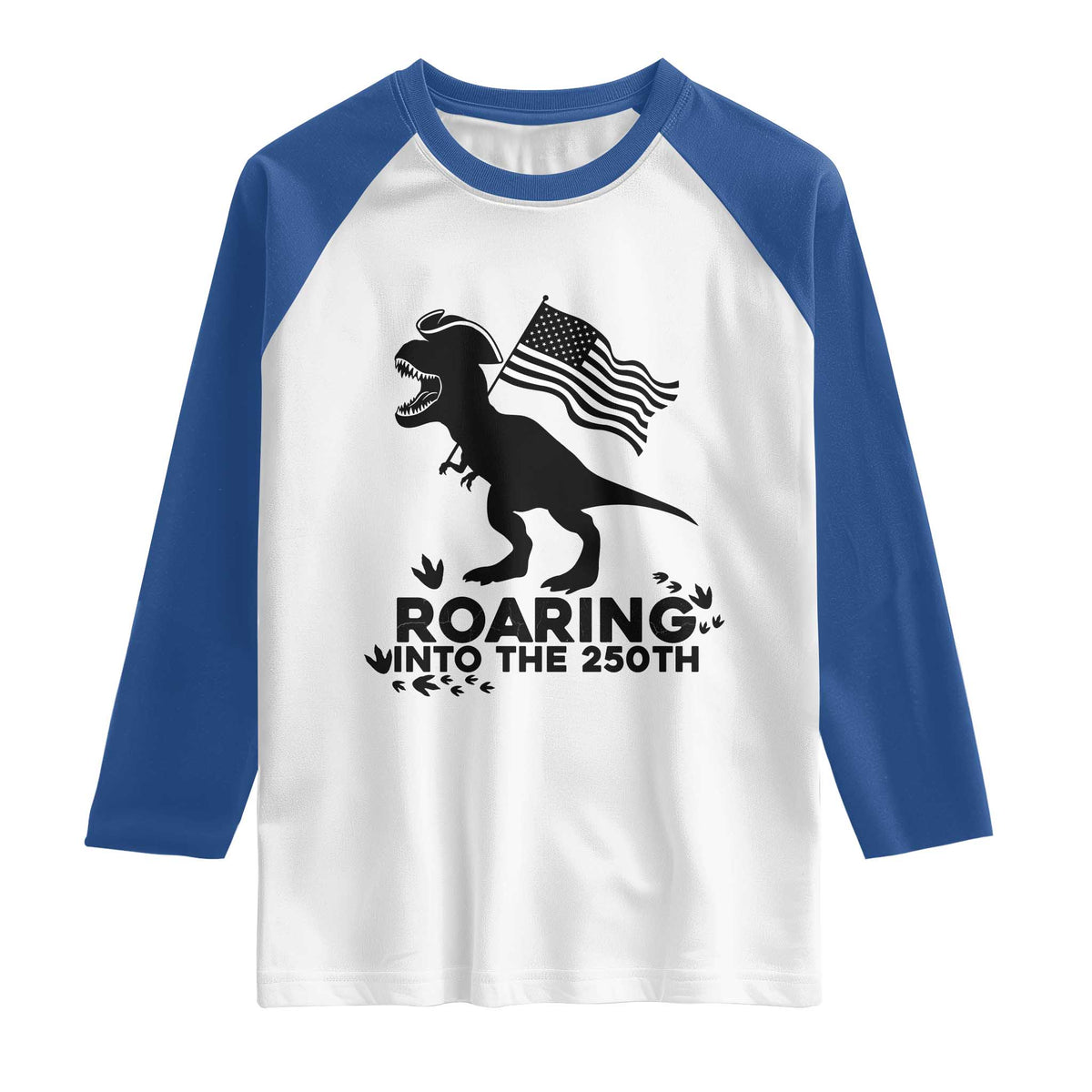 Funny Patriotic Dinosaur Raglan Shirt Roaring Into The 250th Anniversary