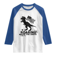 Funny Patriotic Dinosaur Raglan Shirt Roaring Into The 250th Anniversary