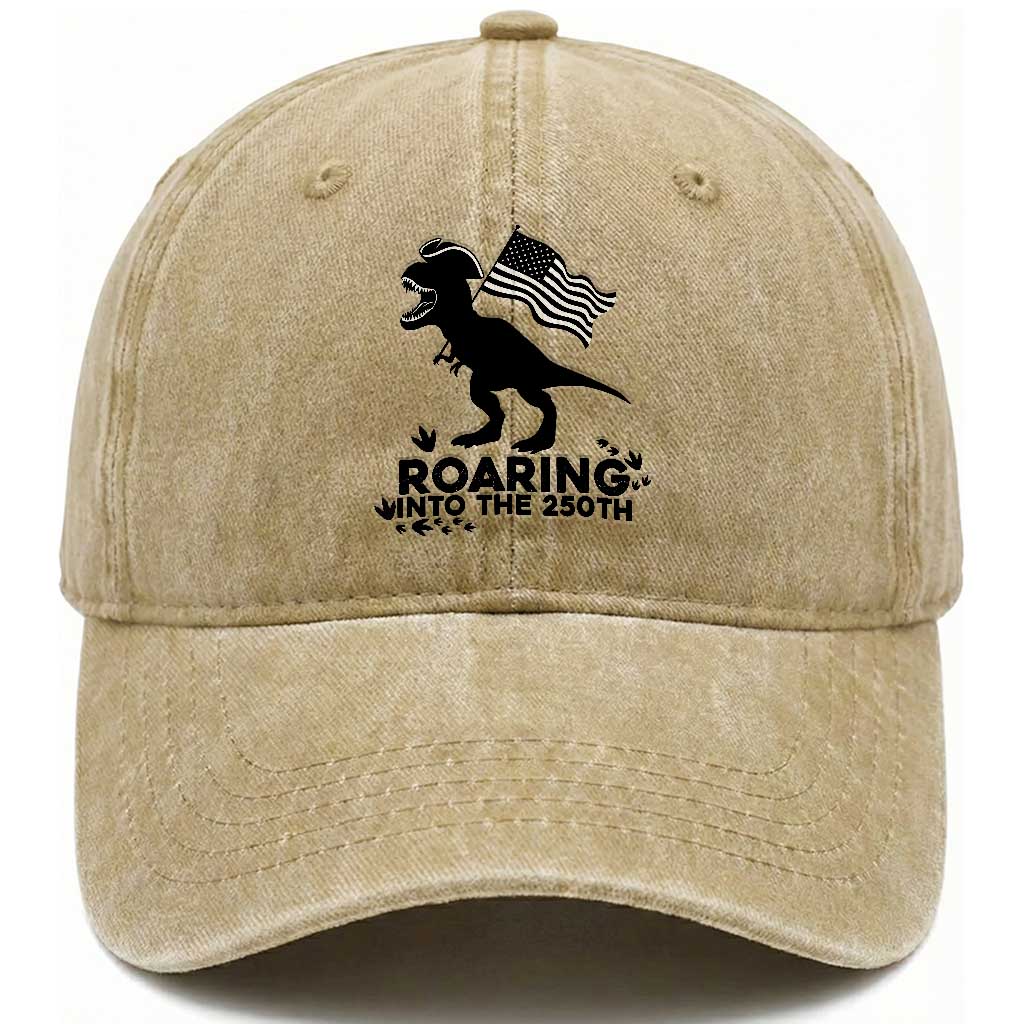 Funny Patriotic Dinosaur Washed Cotton Baseball Cap Roaring Into The 250th Anniversary