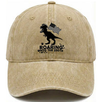 Funny Patriotic Dinosaur Washed Cotton Baseball Cap Roaring Into The 250th Anniversary