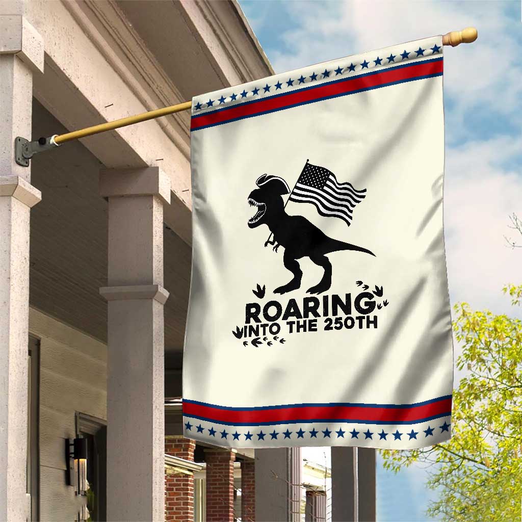 Funny Patriotic Dinosaur Garden Flag Roaring Into The 250th Anniversary