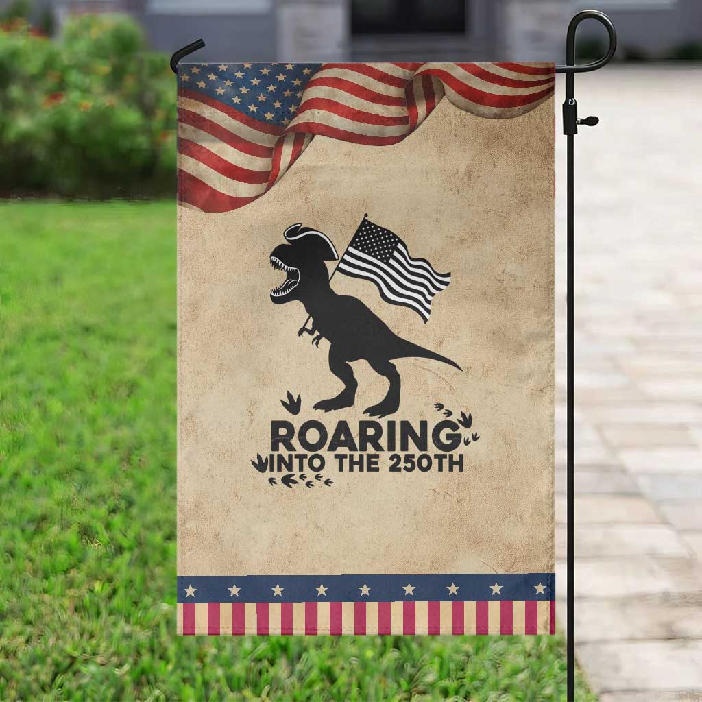 Funny Patriotic Dinosaur Garden Flag Roaring Into The 250th Anniversary