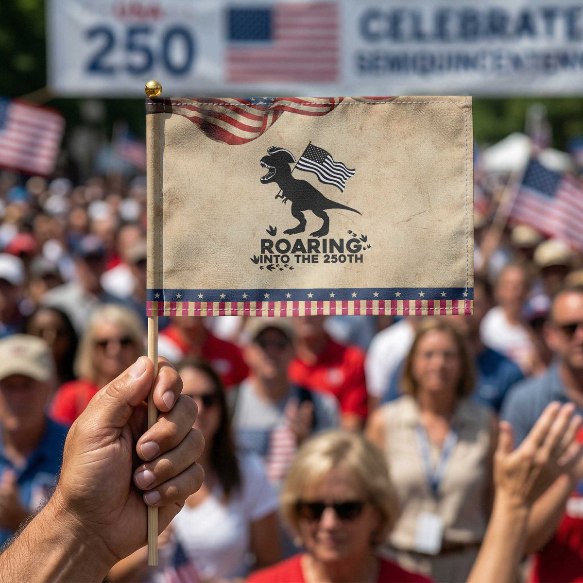 Funny Patriotic Dinosaur Patriotic Handheld Flag Roaring Into The 250th Anniversary