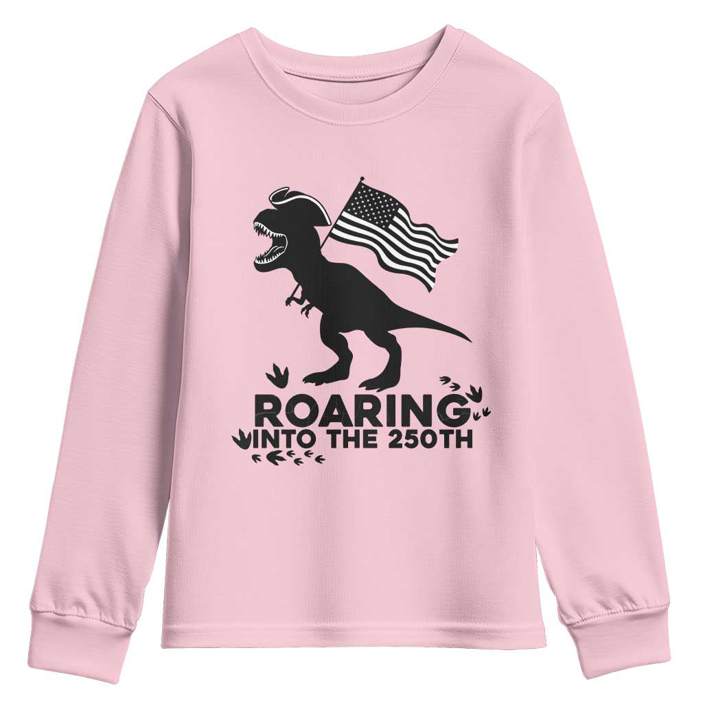 Funny Patriotic Dinosaur Youth Sweatshirt Roaring Into The 250th Anniversary