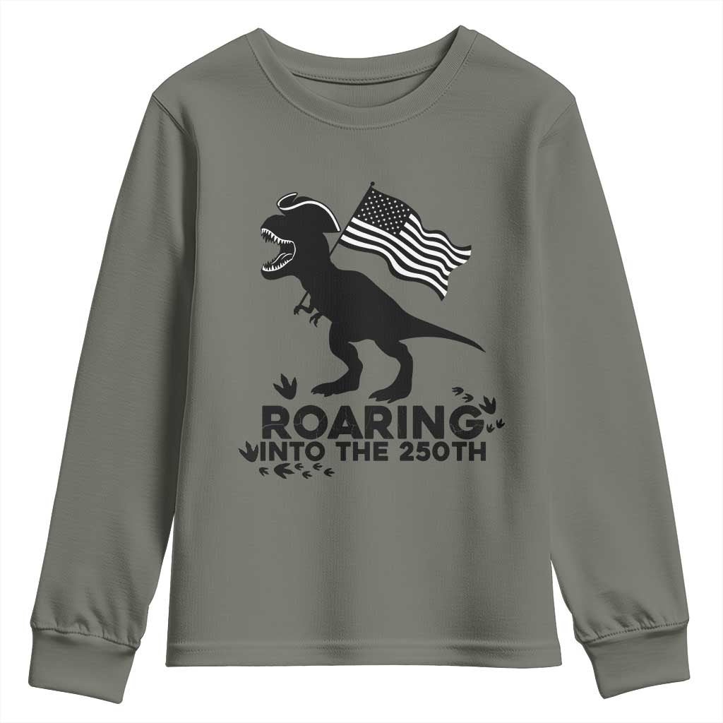 Funny Patriotic Dinosaur Youth Sweatshirt Roaring Into The 250th Anniversary