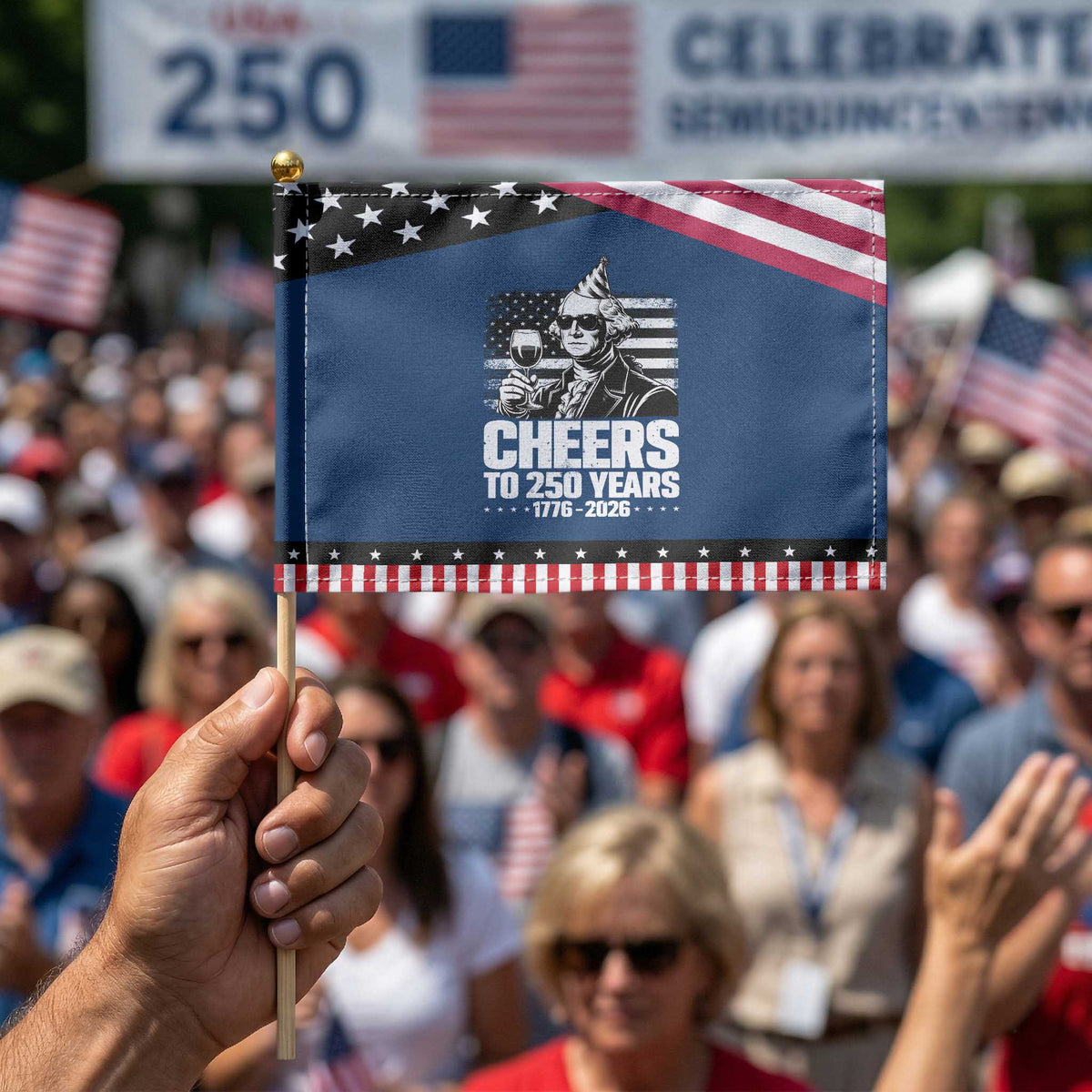 Funny George Washington Cheers To 250 Years Patriotic Handheld Flag
