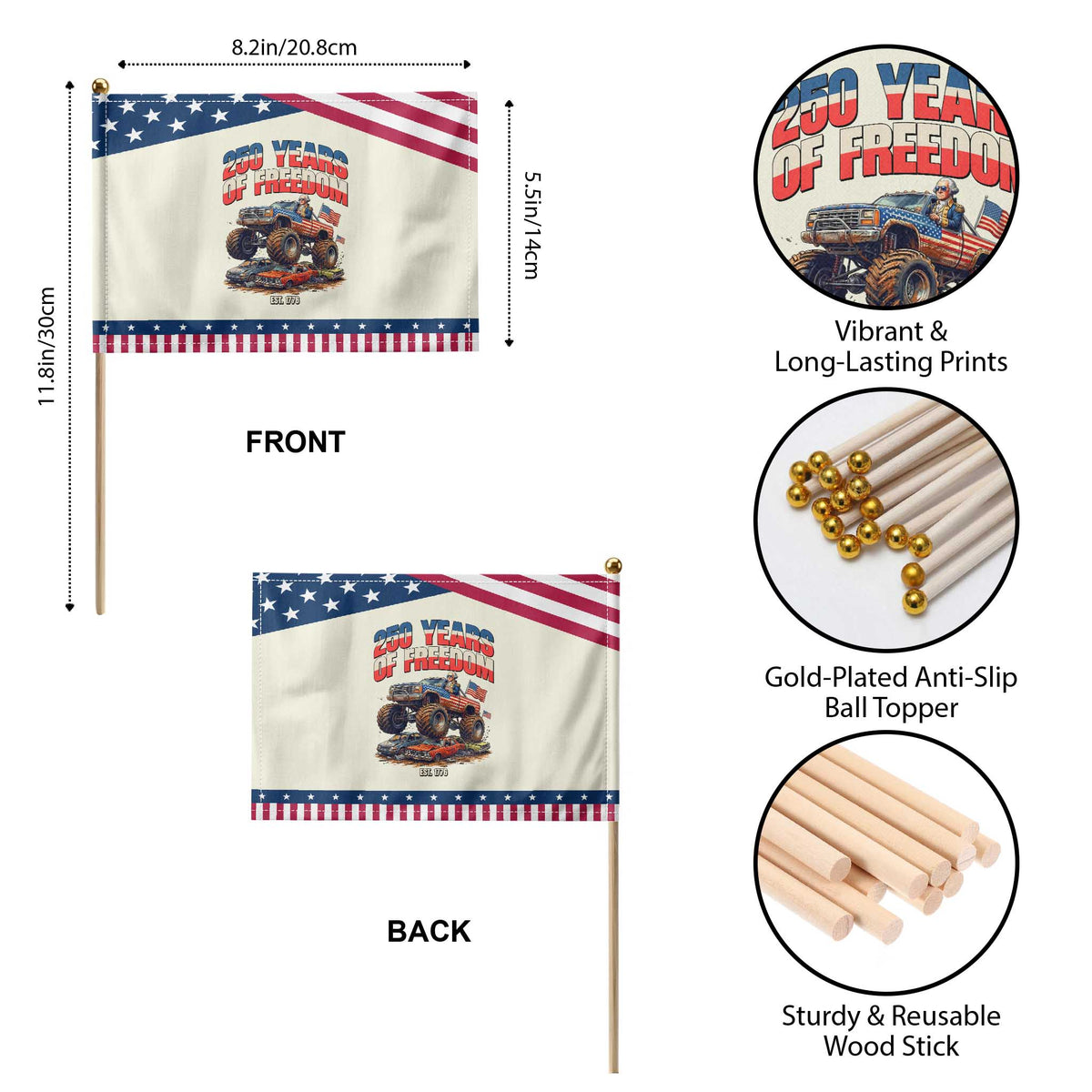 Funny George Washington Monster Truck Patriotic Handheld Flag America 250th Anniversary