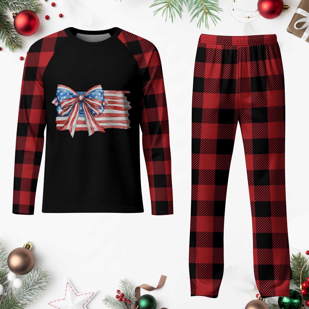 Patriotic American Flag Bow Plaid Pajama Set Gift For Women