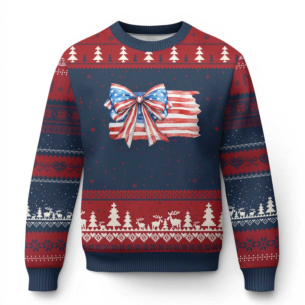 Patriotic American Flag Bow Ugly Christmas Sweater Gift For Women