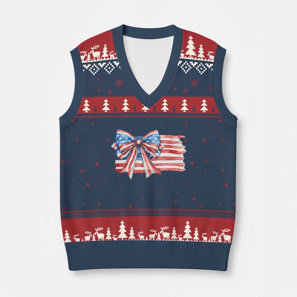 Patriotic American Flag Bow V-Neck Knit Sweater Vest Gift For Women