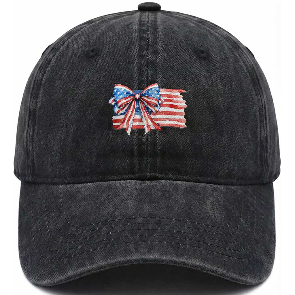 Patriotic American Flag Bow Washed Cotton Baseball Cap Gift For Women