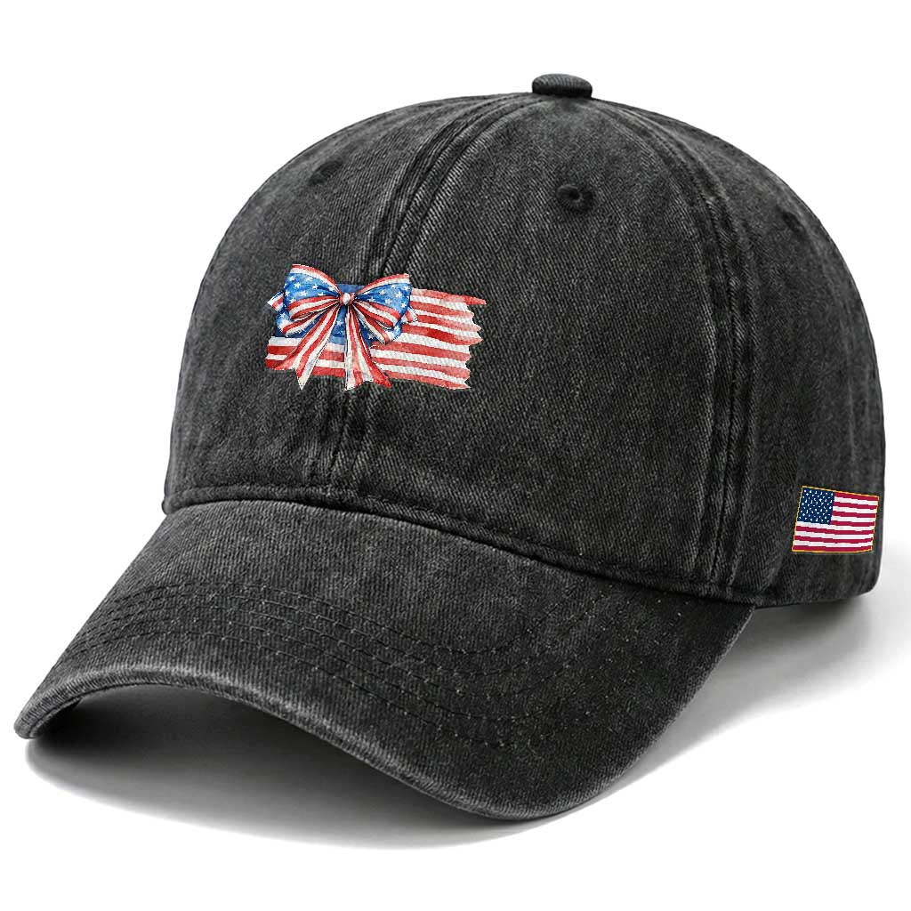 Patriotic American Flag Bow Washed Cotton Baseball Cap Gift For Women