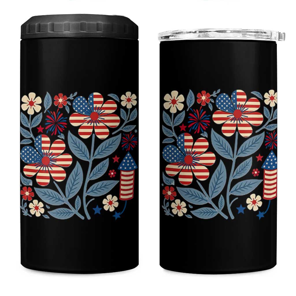 Boho Patriotic Daisy American Flag Floral 4 in 1 Can Cooler Tumbler