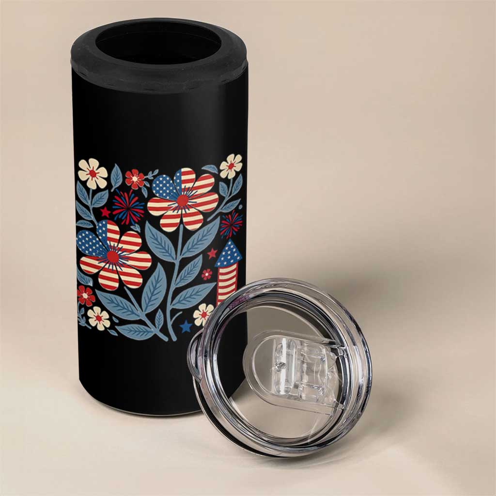 Boho Patriotic Daisy American Flag Floral 4 in 1 Can Cooler Tumbler