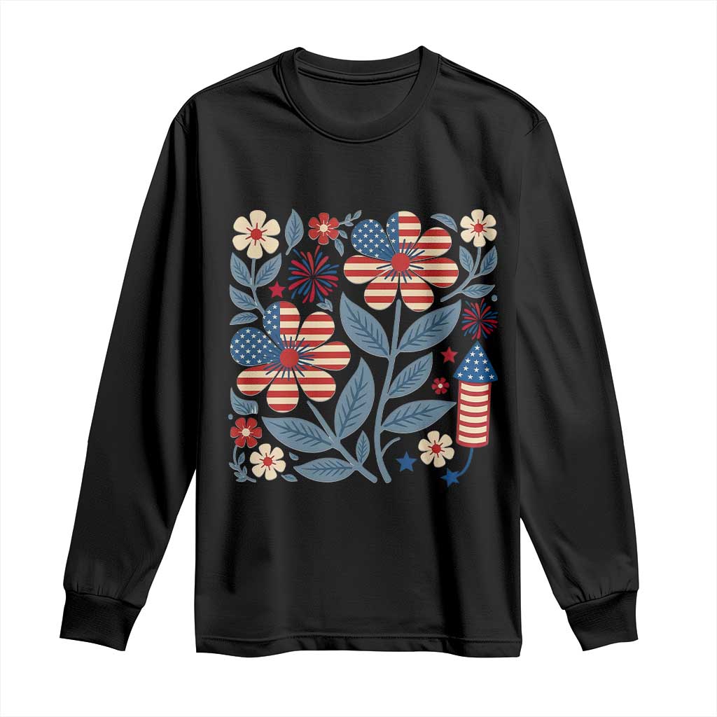 Boho Patriotic Daisy American Flag Floral Long Sleeve Shirt