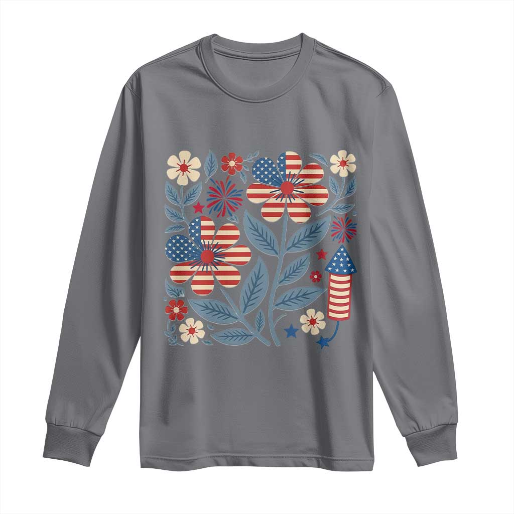 Boho Patriotic Daisy American Flag Floral Long Sleeve Shirt