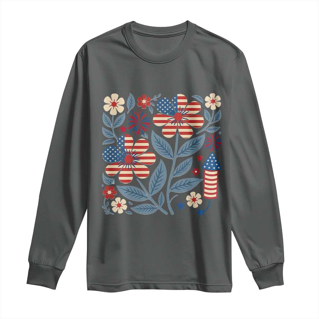 Boho Patriotic Daisy American Flag Floral Long Sleeve Shirt