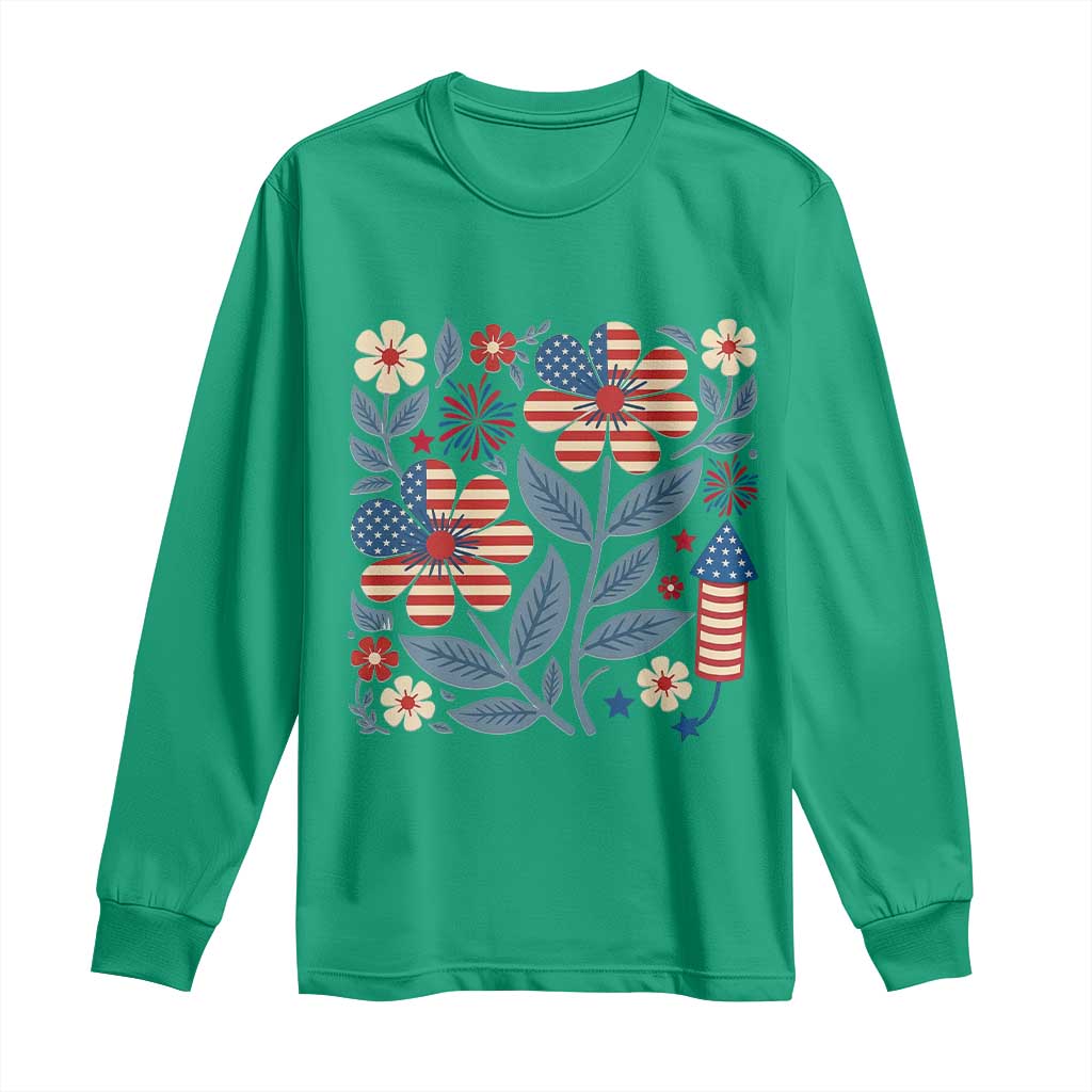 Boho Patriotic Daisy American Flag Floral Long Sleeve Shirt