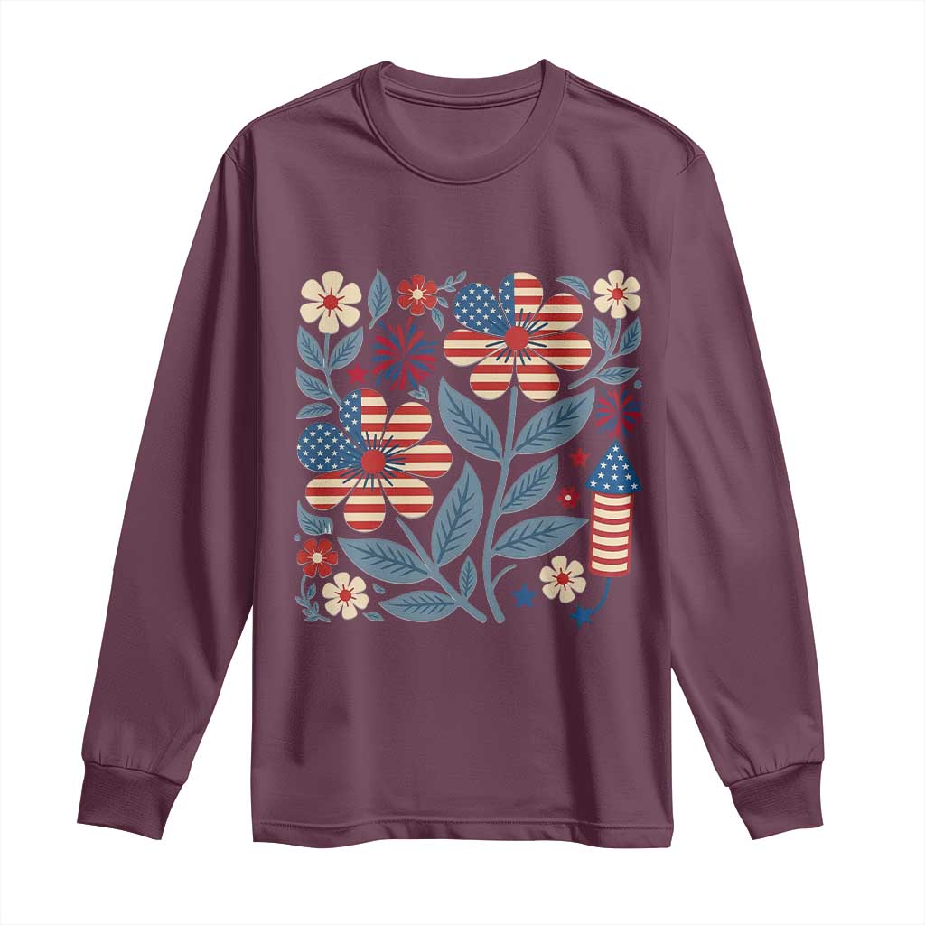 Boho Patriotic Daisy American Flag Floral Long Sleeve Shirt