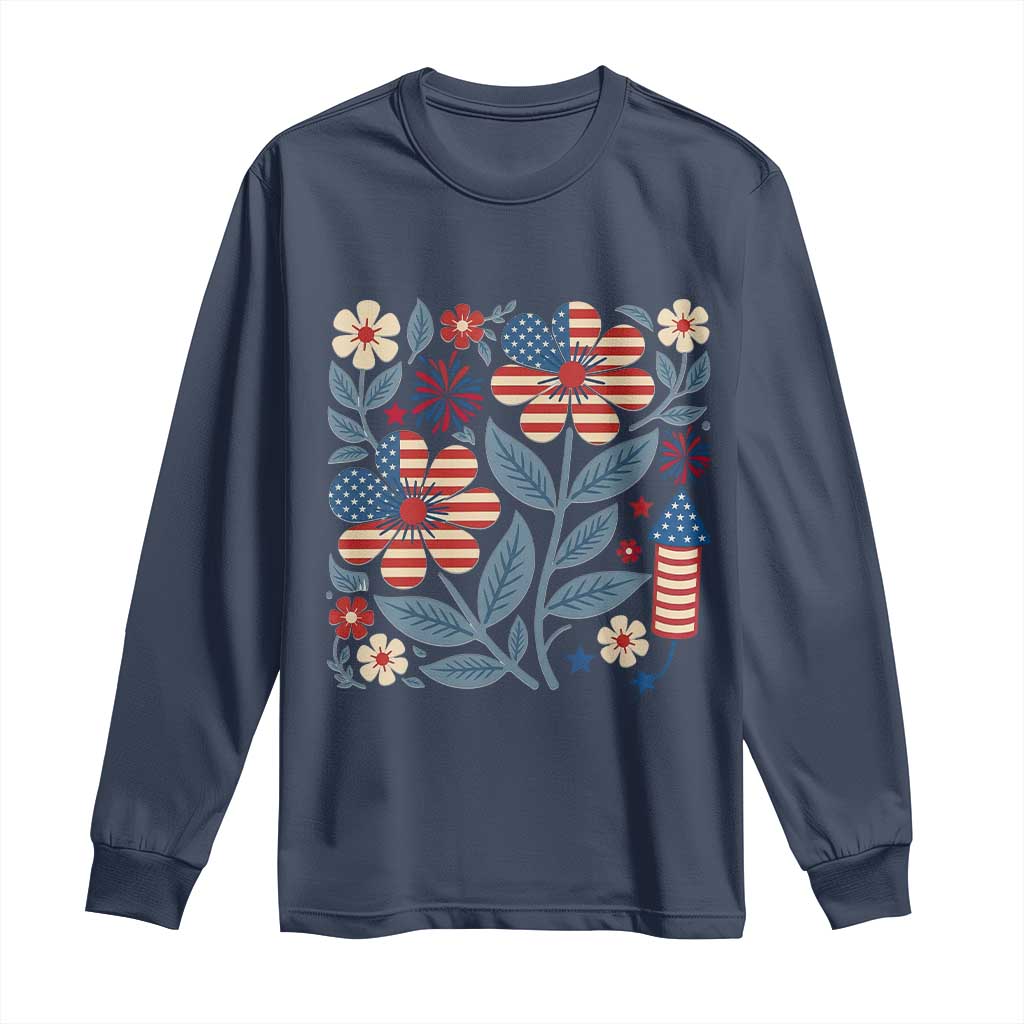 Boho Patriotic Daisy American Flag Floral Long Sleeve Shirt