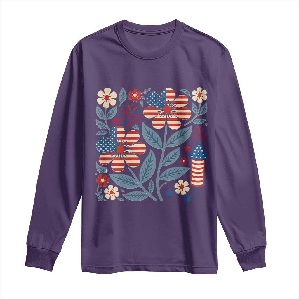 Boho Patriotic Daisy American Flag Floral Long Sleeve Shirt