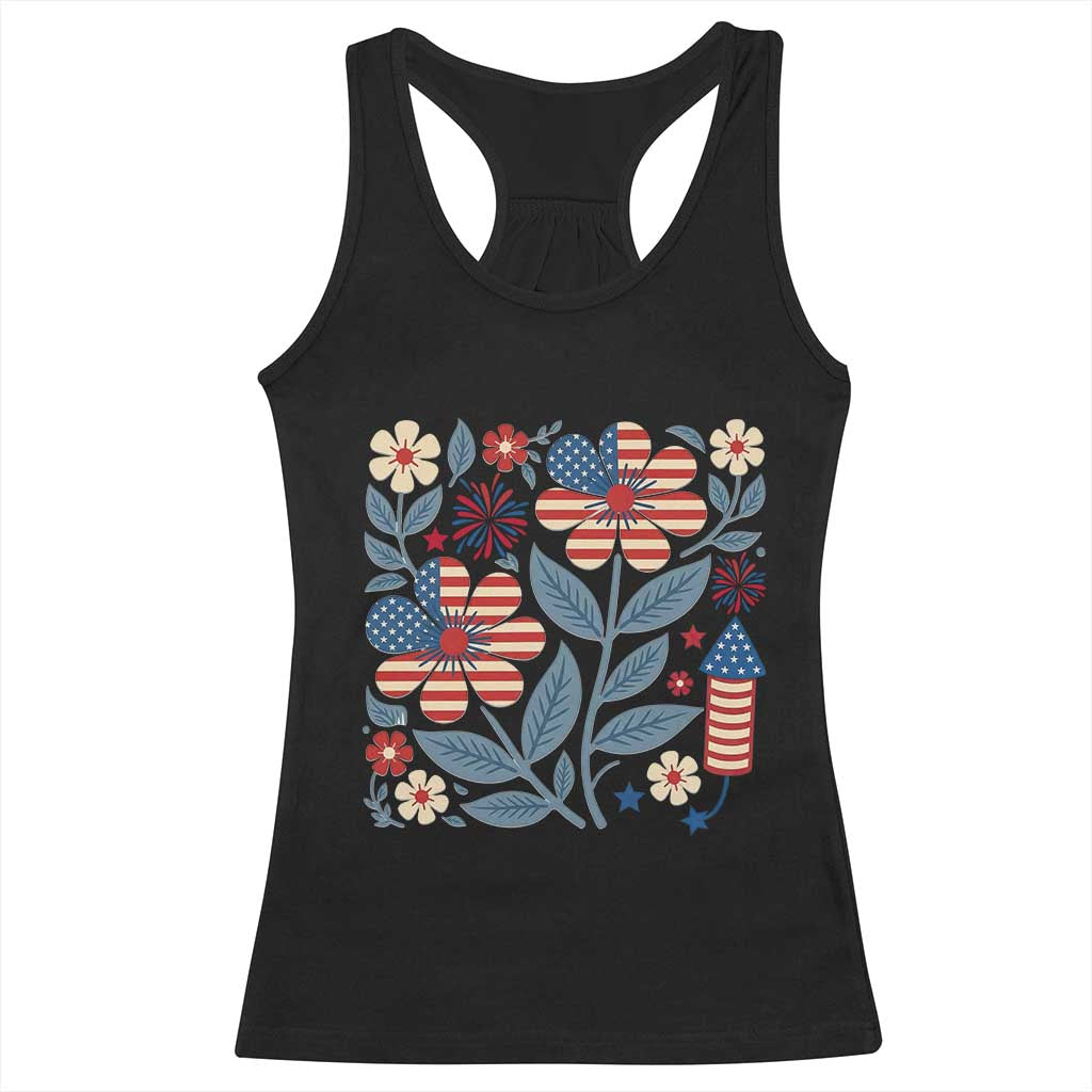 Boho Patriotic Daisy American Flag Floral Racerback Tank Top