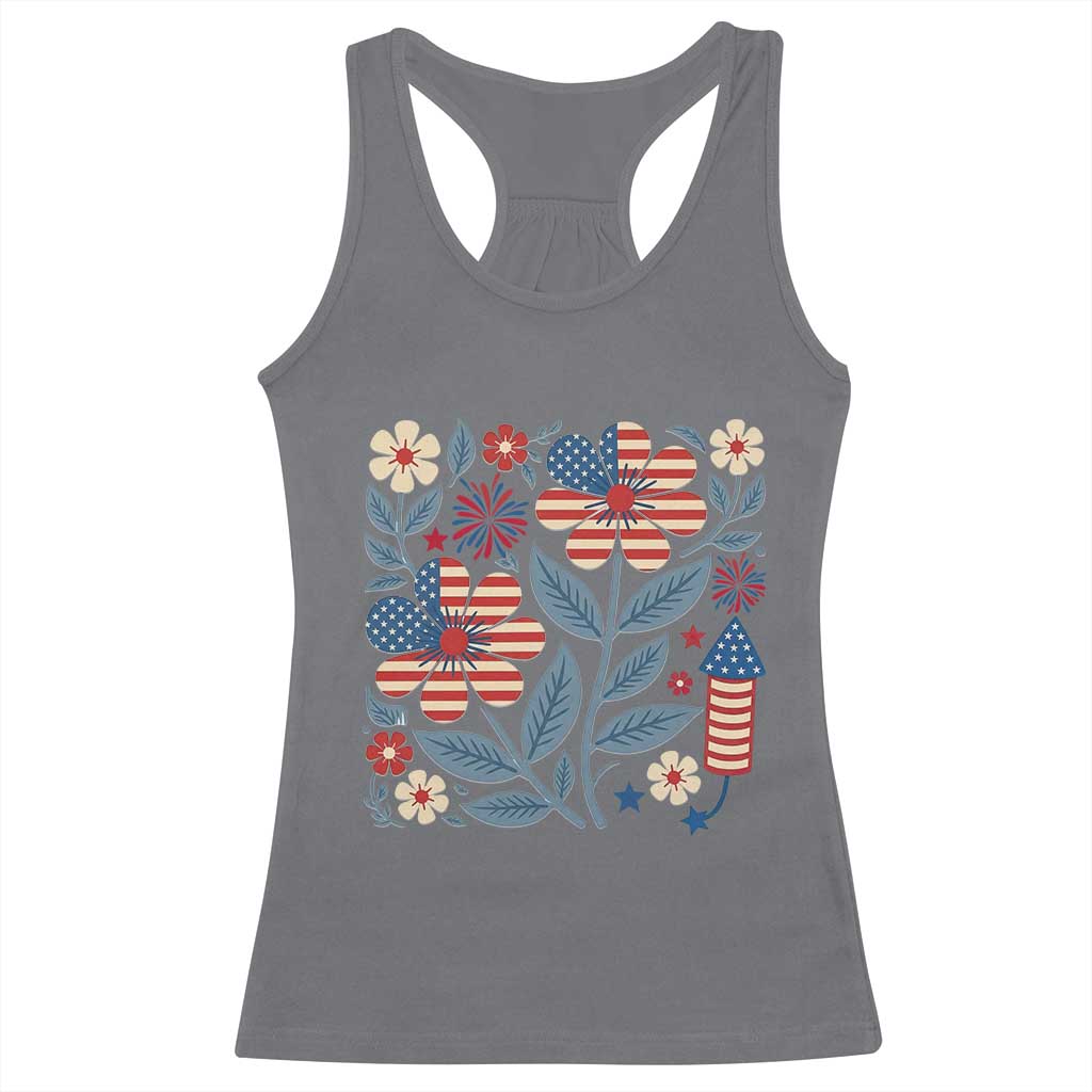 Boho Patriotic Daisy American Flag Floral Racerback Tank Top