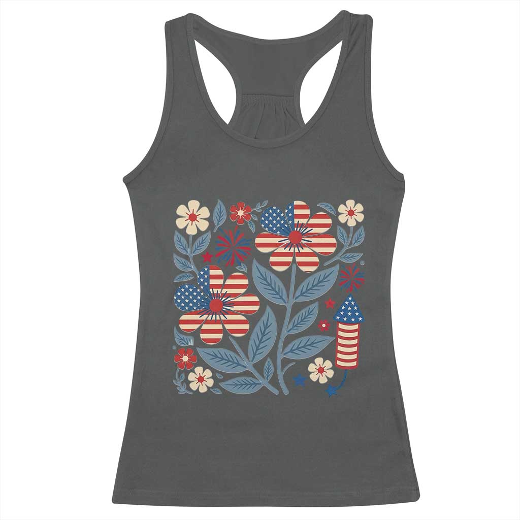 Boho Patriotic Daisy American Flag Floral Racerback Tank Top