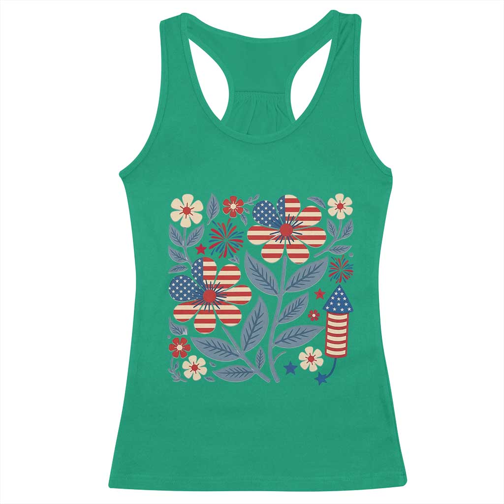 Boho Patriotic Daisy American Flag Floral Racerback Tank Top