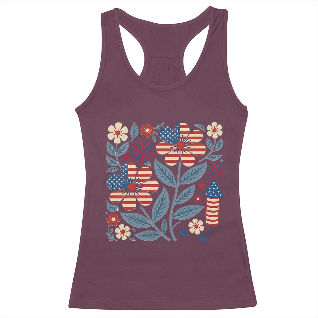 Boho Patriotic Daisy American Flag Floral Racerback Tank Top