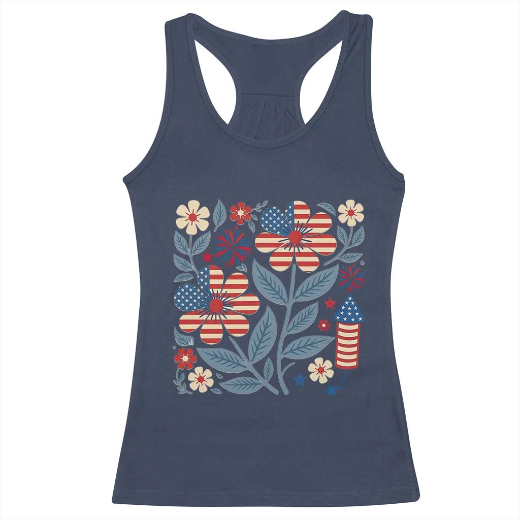 Boho Patriotic Daisy American Flag Floral Racerback Tank Top