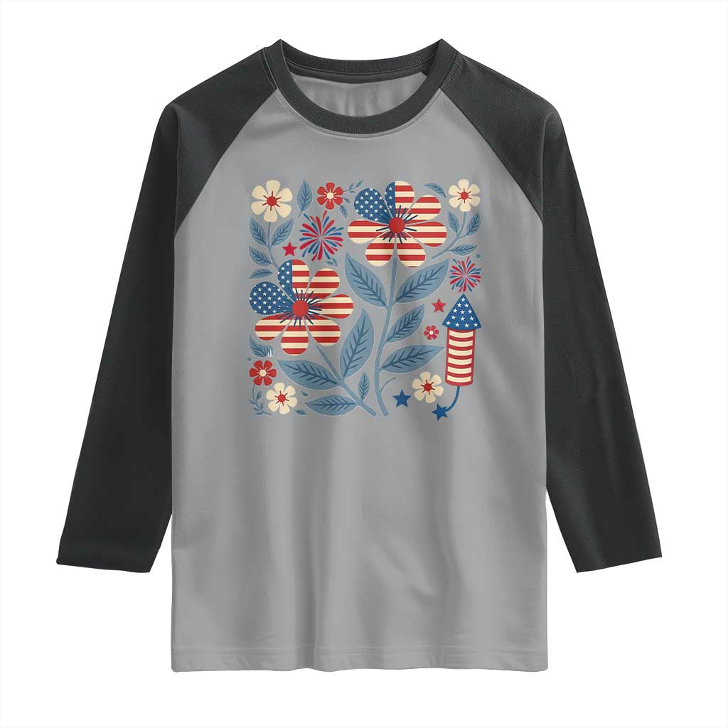 Boho Patriotic Daisy American Flag Floral Raglan Shirt
