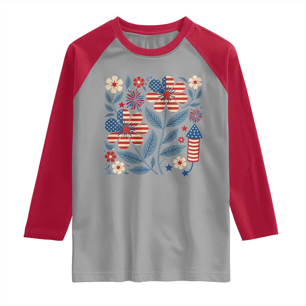 Boho Patriotic Daisy American Flag Floral Raglan Shirt