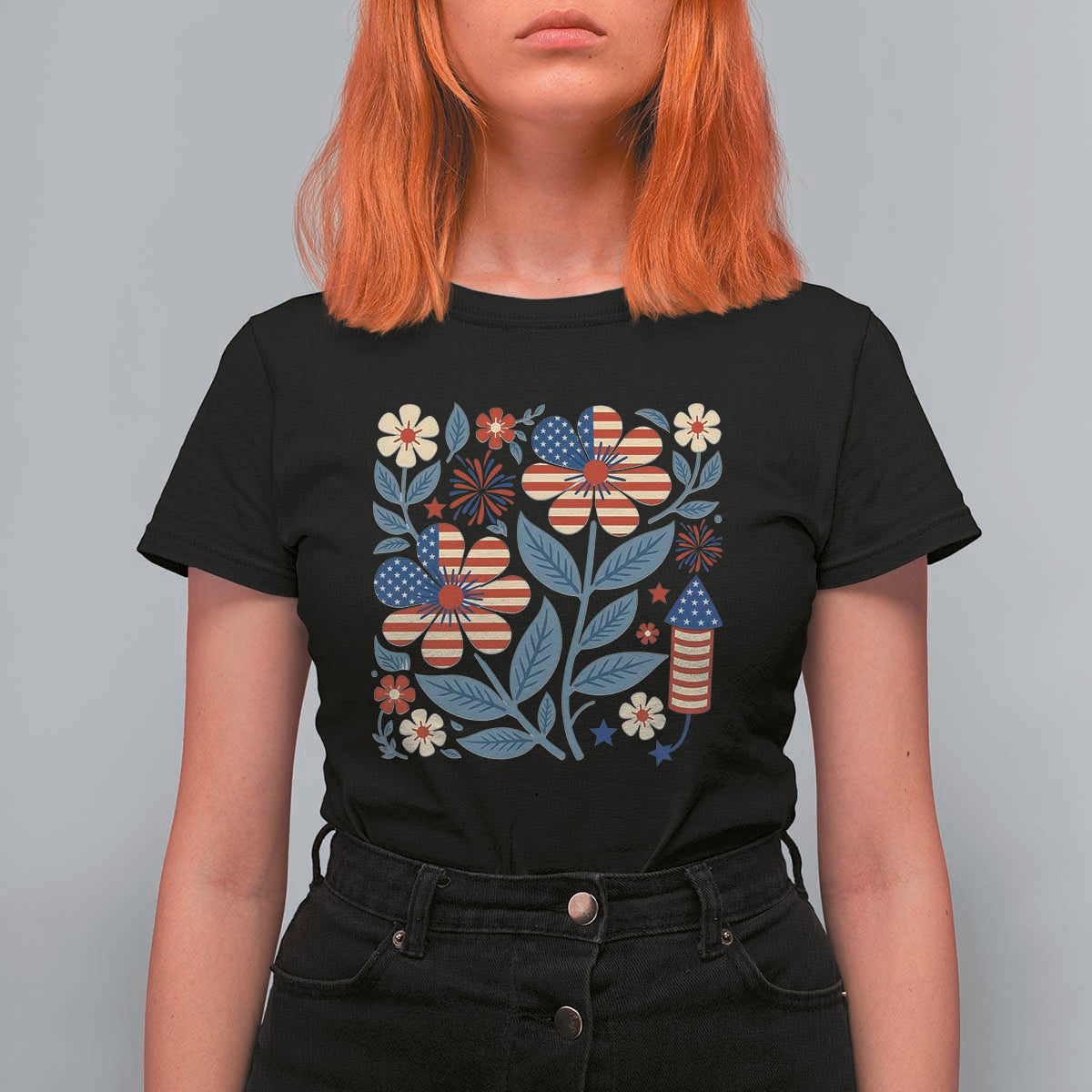 Boho Patriotic Daisy American Flag Floral T Shirt For Women